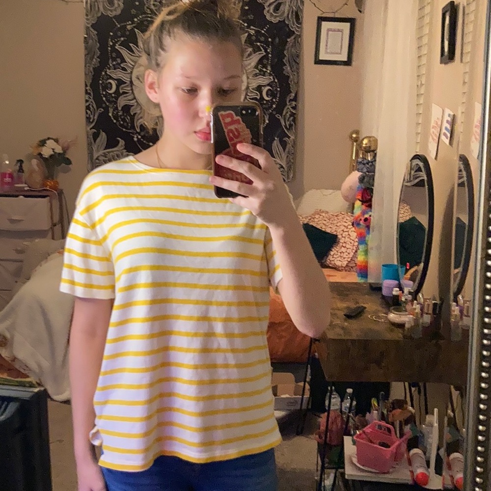 Yellow and white striped short sleeve top